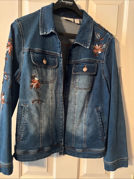 Chico's Jackets & Blazers - Chico's Blue Denim Jacket with Floral Embroidery